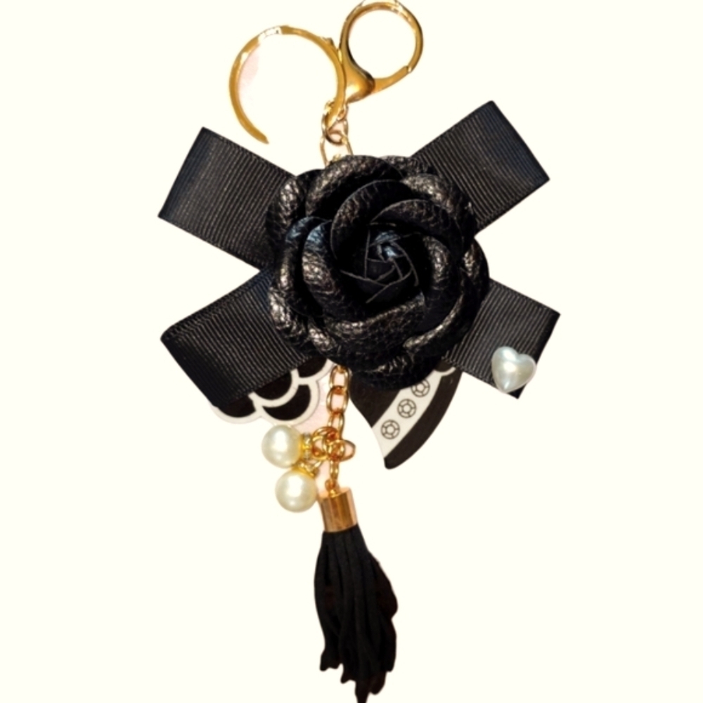 Elegant XL Faux Leather Black Camellia Purse Charm with Lux Inspired Charms
